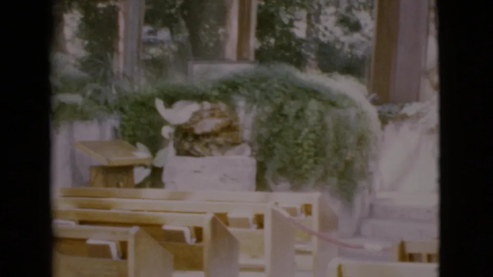 1968 San Diego County church interior with empty pews, a white altar backdrop, tall windows, greenery, and a visible cross.