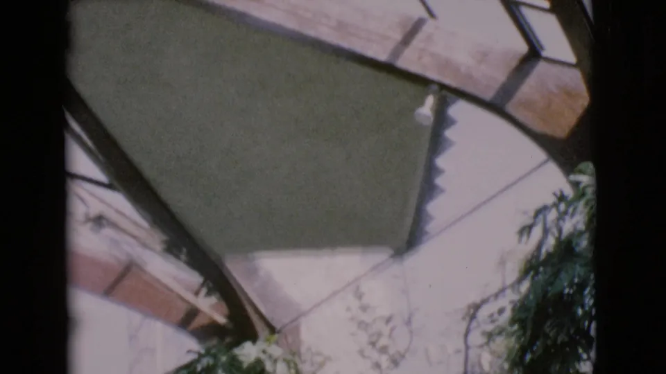 1968 San Diego County 8mm frame tilting toward foliage beneath angled window framing, with bright daylight and a wood beam visible.