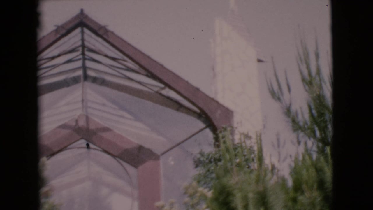 White steeple and angled roof seen through dark window trim with trees below.
