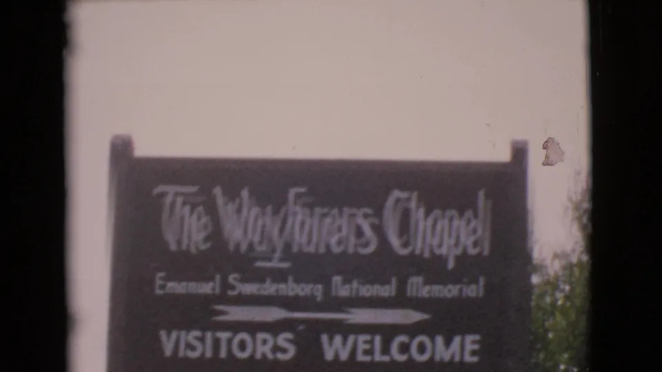 A sign for The Wayfarers Chapel, Emanuel Swedenborg National Memorial, confirms the chapel location in the 1968 footage.