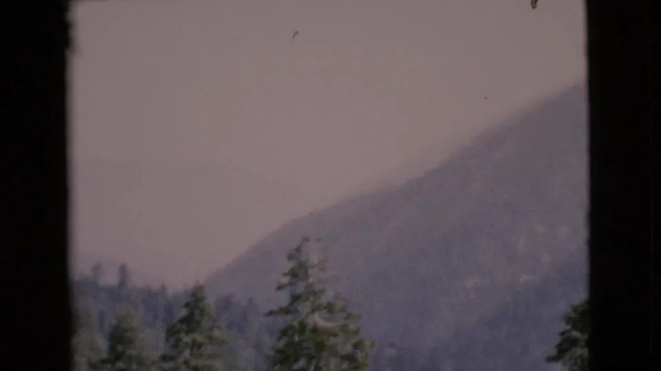 1968 San Diego County 8mm frame showing a hazy mountain ridge and conifer trees through a dark window or vehicle opening.