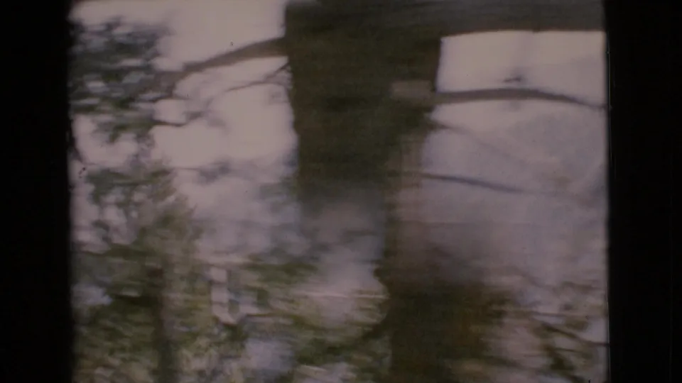Motion-blurred 1968 8mm view of trees and a dark foreground shape, likely seen from a moving vehicle or window.