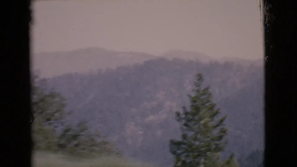 1968 San Diego County 8mm frame showing layered hazy hills and tall evergreens under a pale sky.