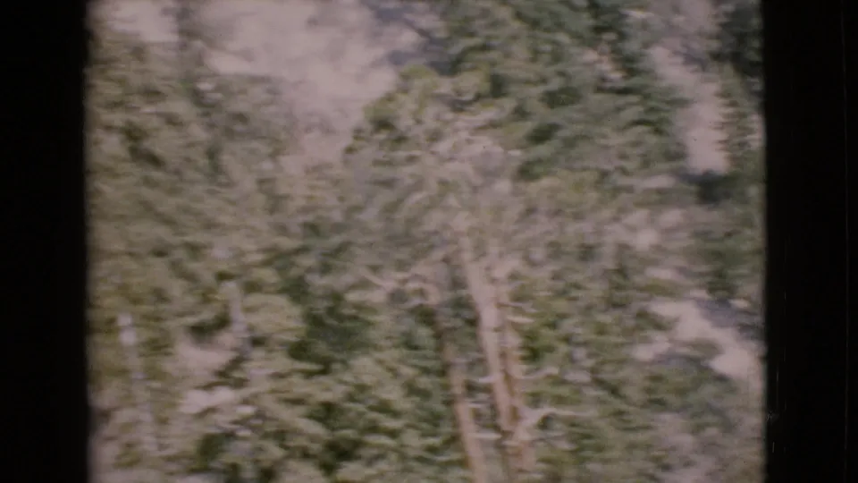 1968 8mm San Diego County mountain view with evergreen-covered slopes, pale clearings, and dark vehicle-window framing.