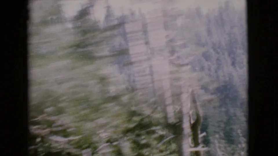 1968 8mm frame with strong motion blur over a forested slope, seen from an elevated moving viewpoint in San Diego County.