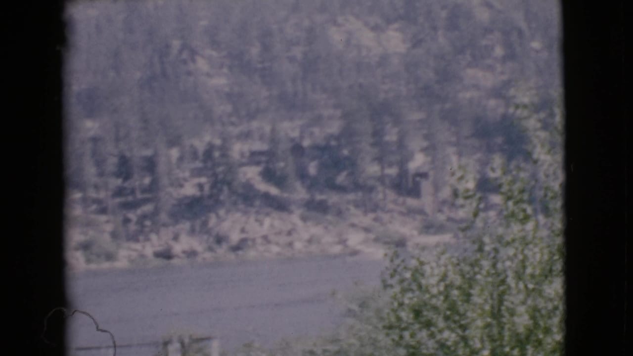 Lake and wooded shoreline seen through a dark vertical window frame.