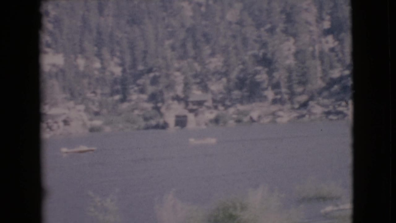 Forested lakeshore with small boats on calm water.