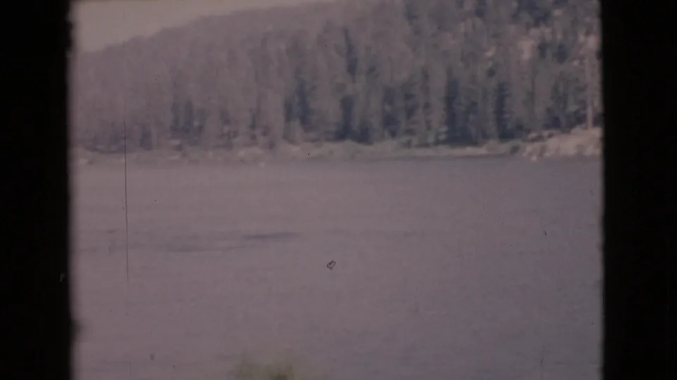 1968 8mm home-movie view of a calm San Diego County lake, framed by dark edges with trees and hills across the water.