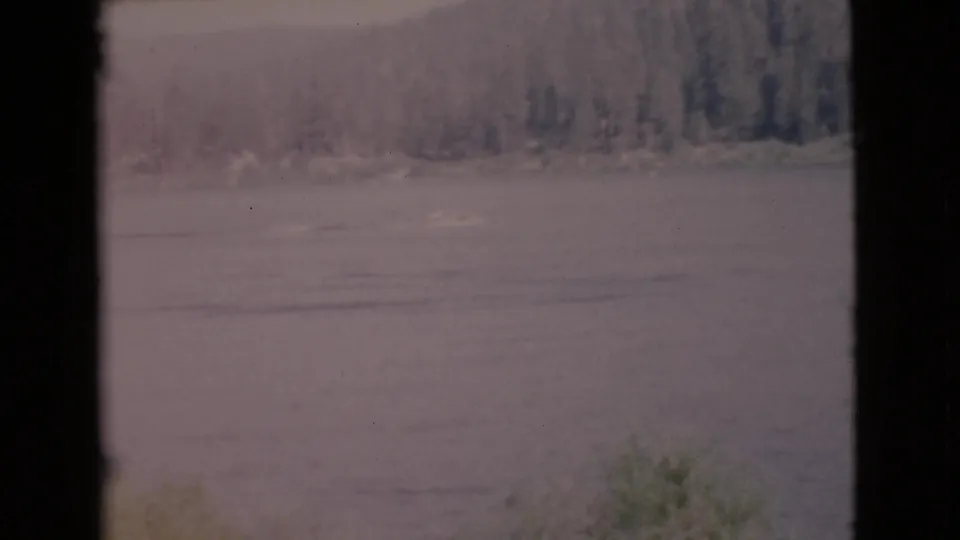 Faded 1968 8mm lakeside shot from San Diego County, showing open water, far trees, and heavy dark film or window edging.