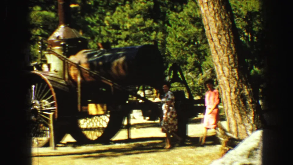 Two women, one in pink and one in a patterned dress, stand near a steam engine display in a wooded Vancouver preserve.
