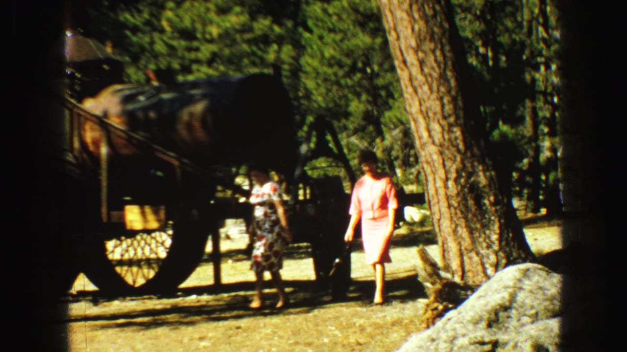 Two women walk through a wooded park area near a large steam engine display.