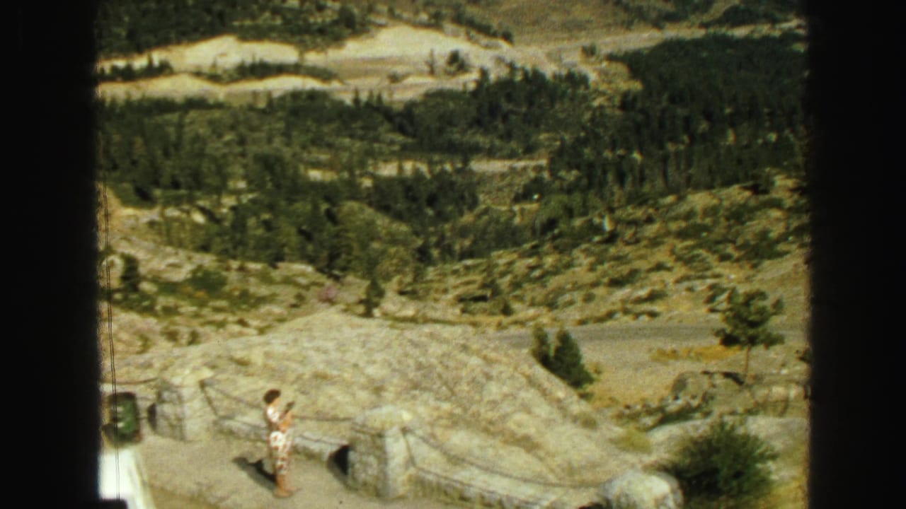 Woman at a stone overlook above forested hills, with a white car partly visible nearby.