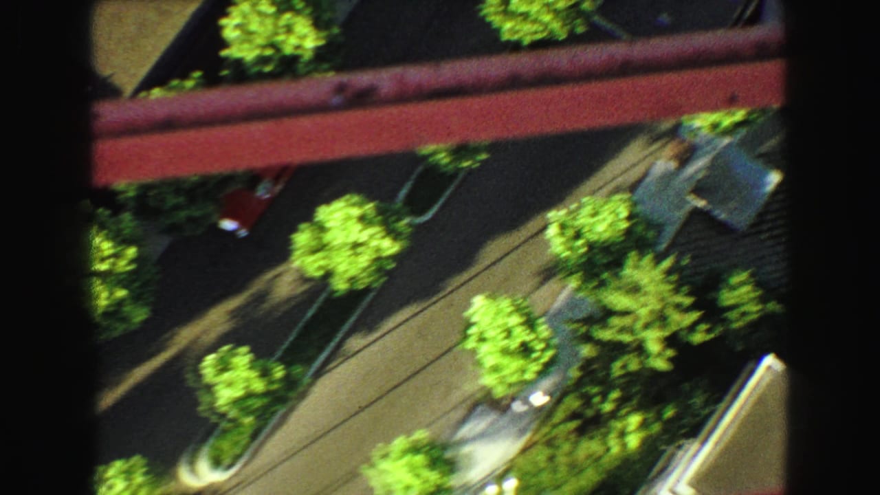 Downward view past red beams toward trees, rooftops, and a waterfront edge.