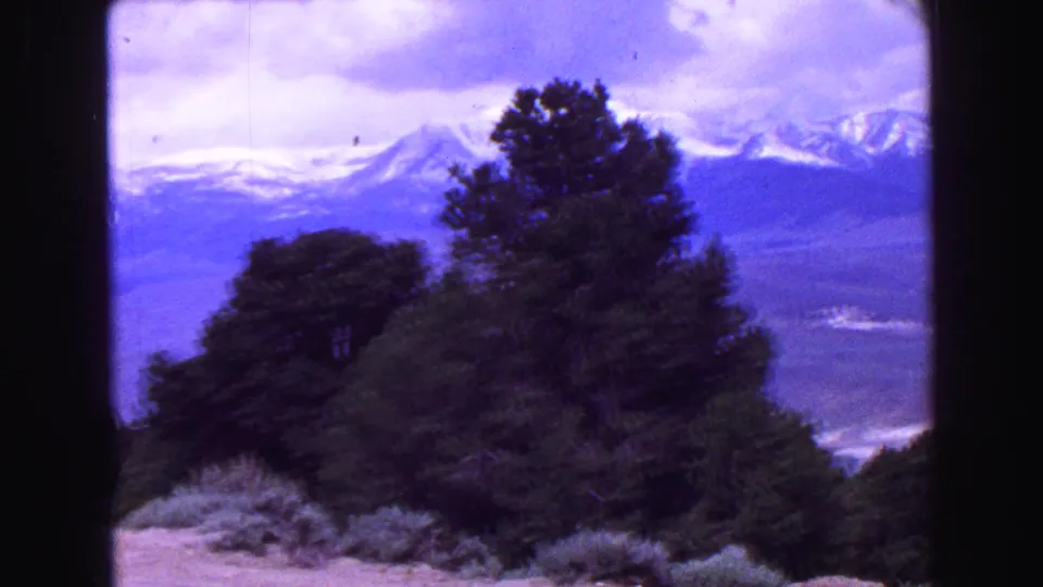 1968 Vancouver-area mountain vista with dark evergreen trees, brushy roadside foreground, clouds, and distant snowy peaks.