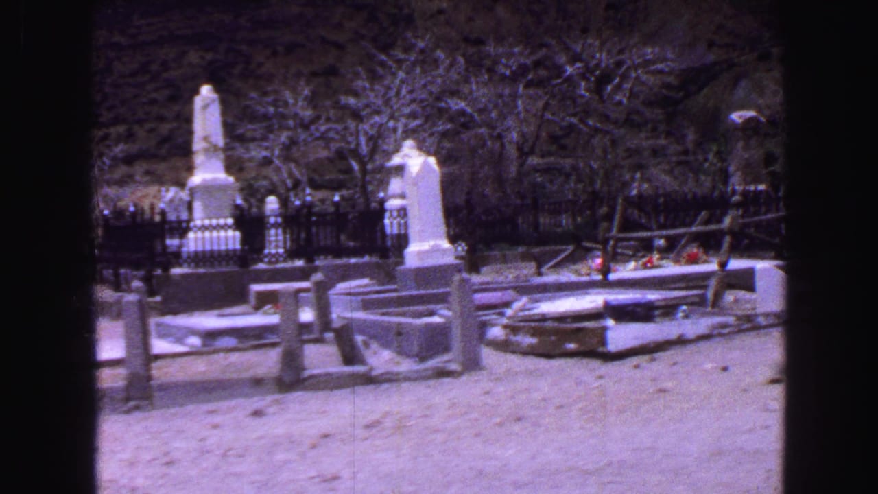 1968 Vancouver cemetery view with upright grave monuments, low railings, bare trees, and pale ground in a purple-tinted 8mm frame.
