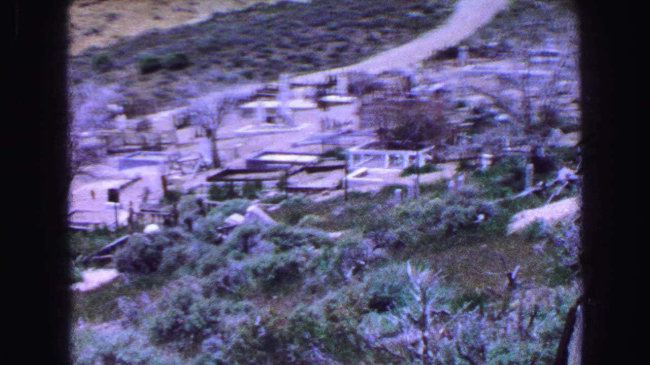 Panned view of cemetery grounds with low monuments, paths, trees, and scrub-covered hillside.