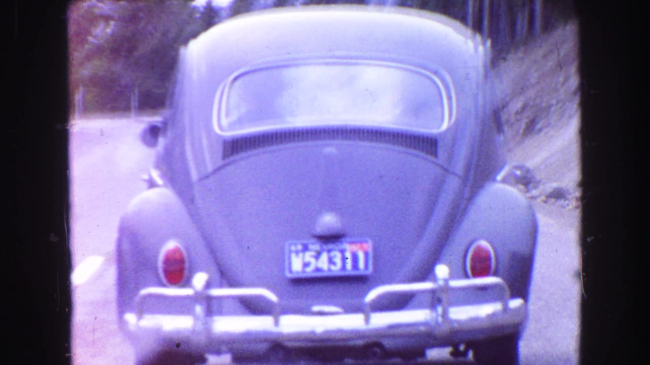 Rear view of a blue Volkswagen Beetle on a paved country road.