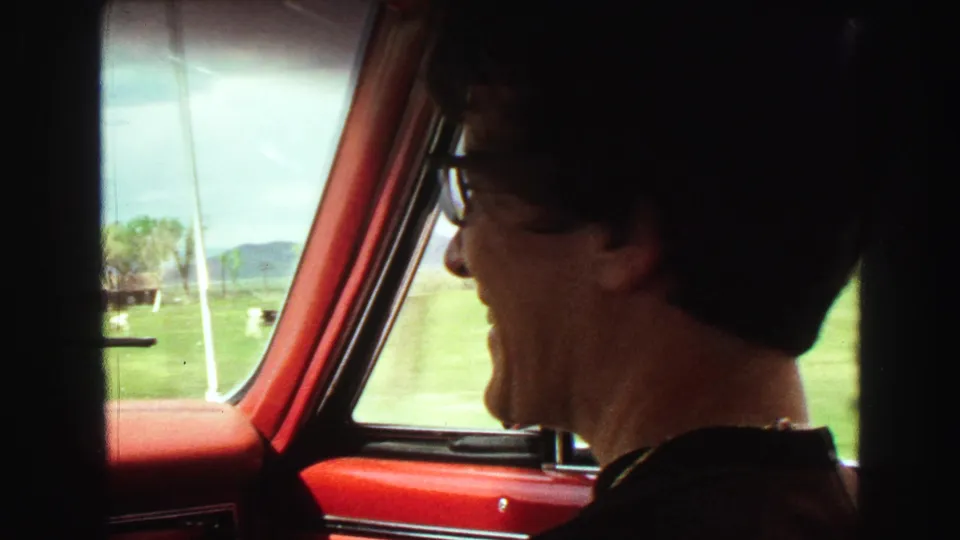 Inside the road-trip car, an adult passenger wearing sunglasses smiles while looking out at the passing rural landscape.