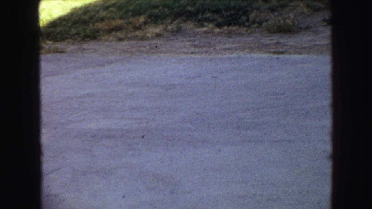 Dark-framed view of pavement or open ground beside a grassy bank.