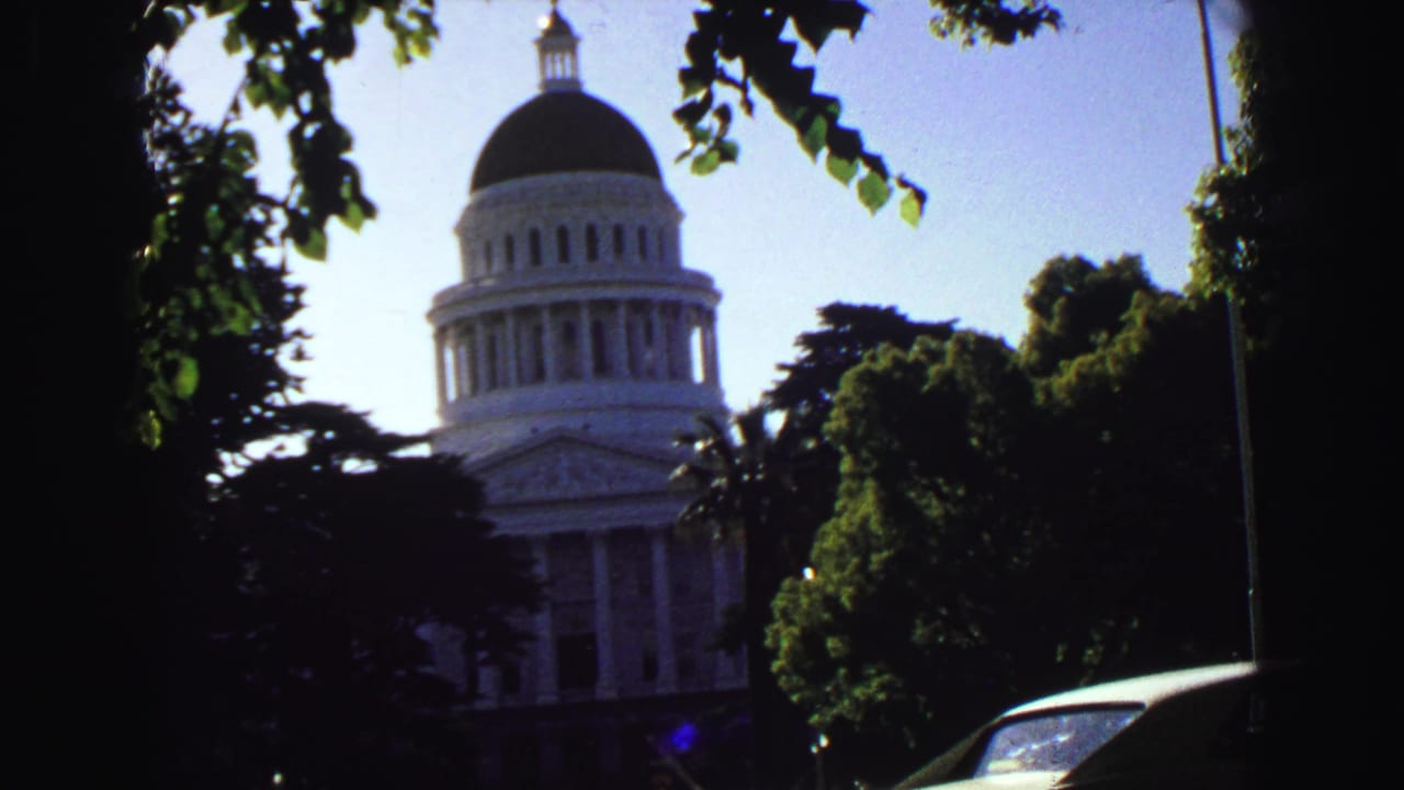 Domed building behind trees with the edge of a car at the lower right.