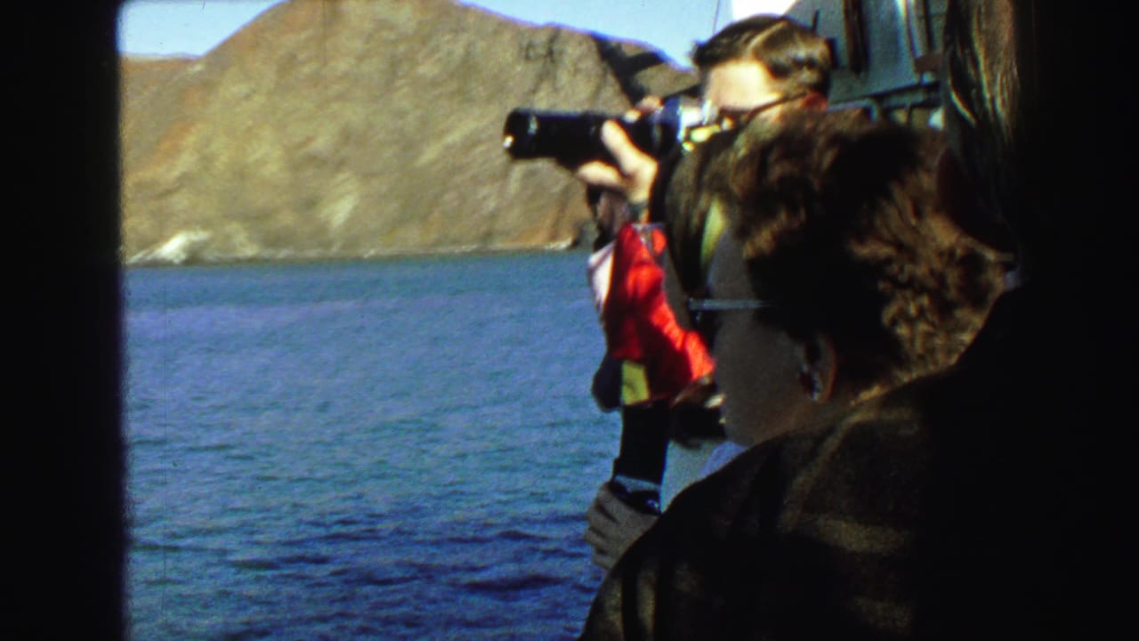 Passengers on a boat, one man holding a camera near the water and bridge.