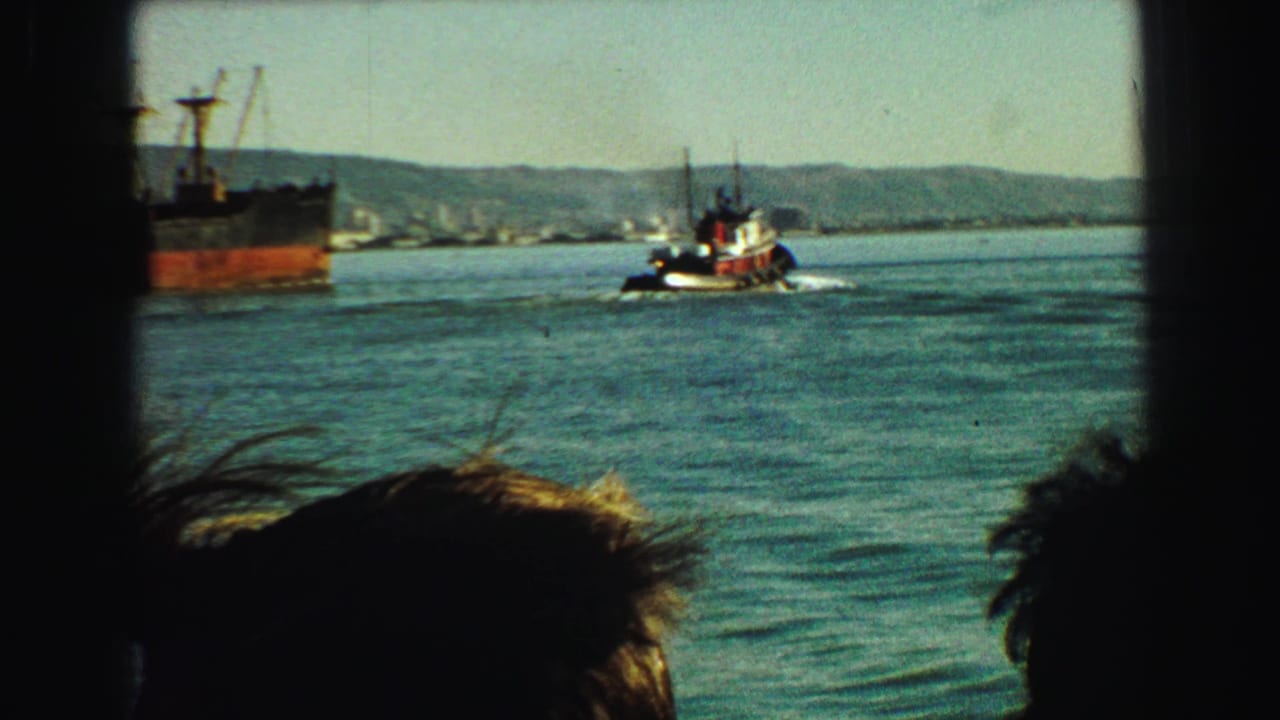 Harbor water with a cargo ship, tugboat, distant hills, and dark spectator silhouettes in the foreground.