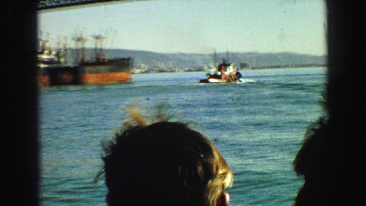 Tugboat moves across harbor water near a large cargo ship, seen past dark window or railing edges.