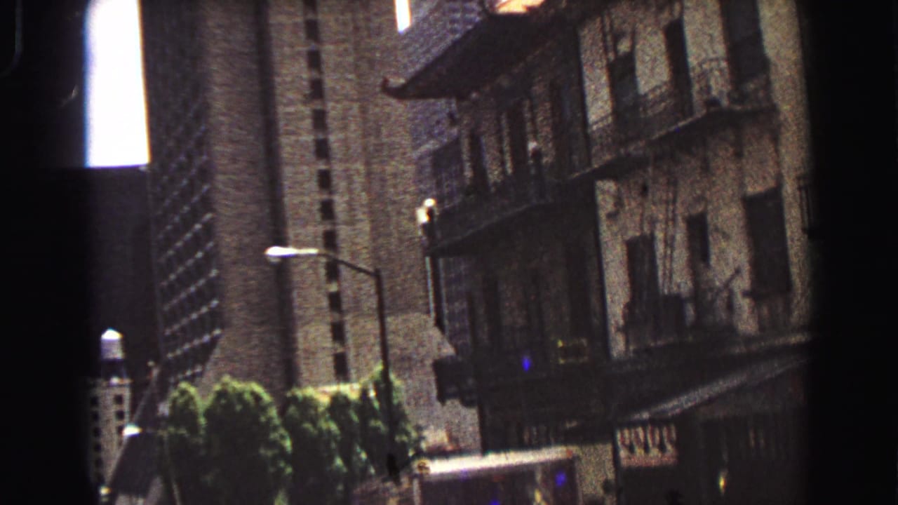 Tall buildings and a weathered smaller building seen from street level with trees below.