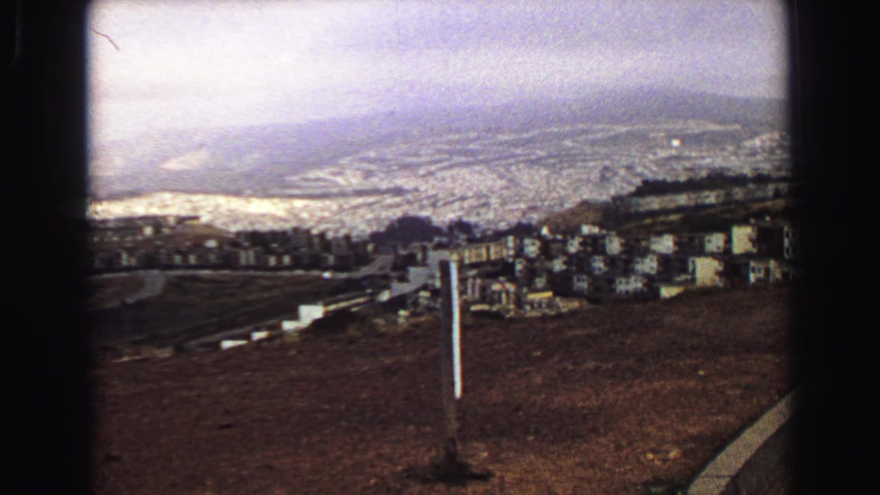 Hilltop view over a city and shoreline with roadside posts in the foreground.