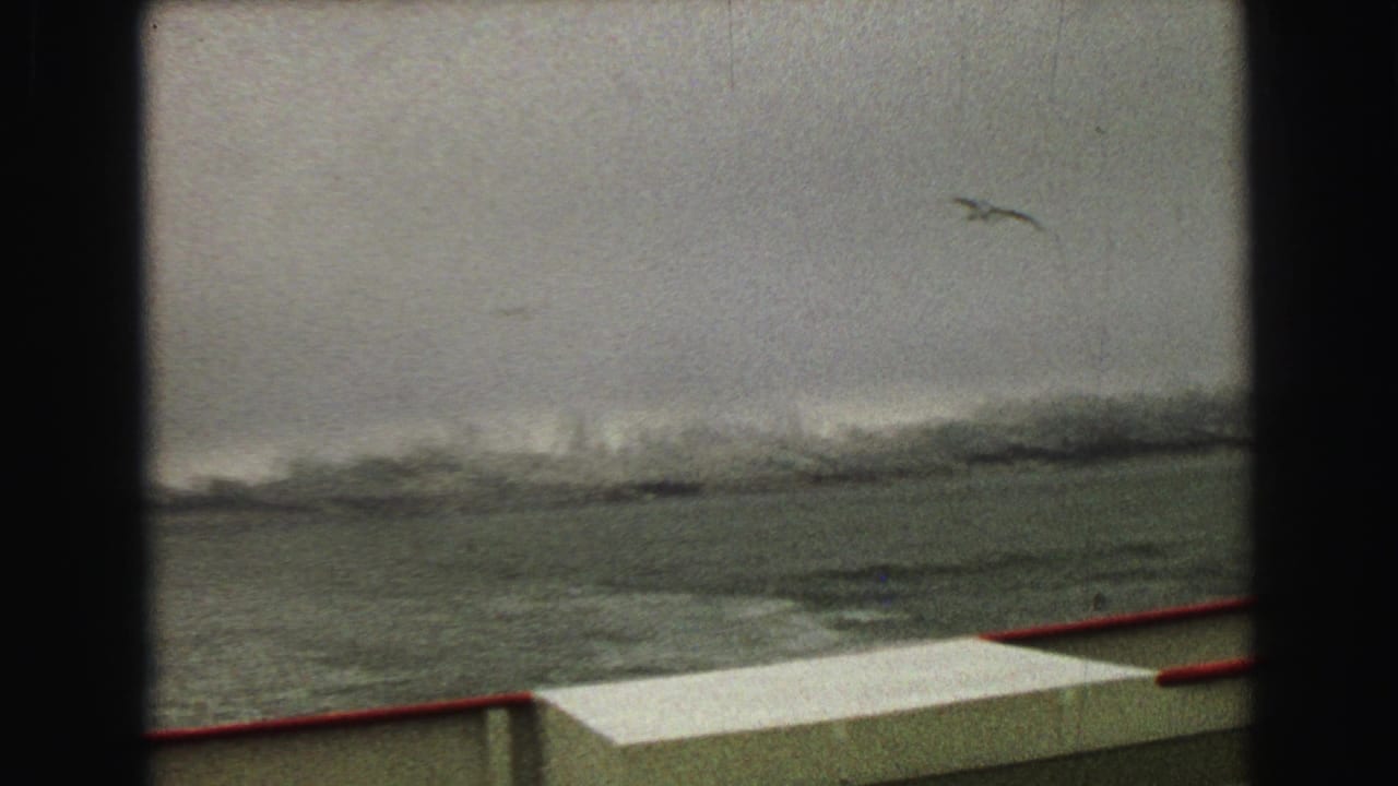 A seabird crosses above choppy water in a 1968 8mm boat-view frame, with a red railing and pale deck edge below.
