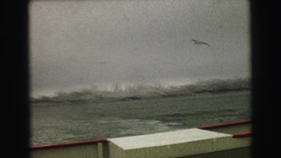 A seabird crosses above choppy water in a 1968 8mm boat-view frame, with a red railing and pale deck edge below.
