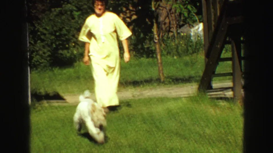 1968 home-movie backyard scene with a woman in light clothing approaching a small white dog on a green lawn.