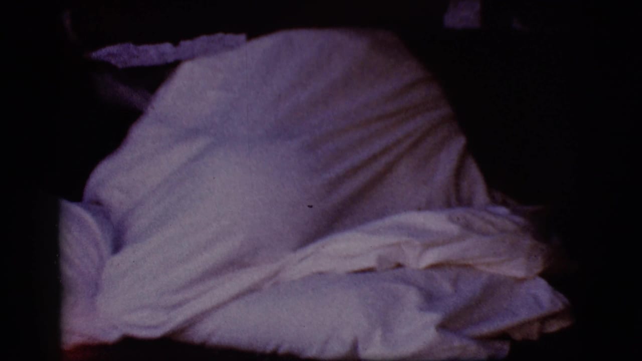White bed covers in a dark room with a raised mound under the sheet.