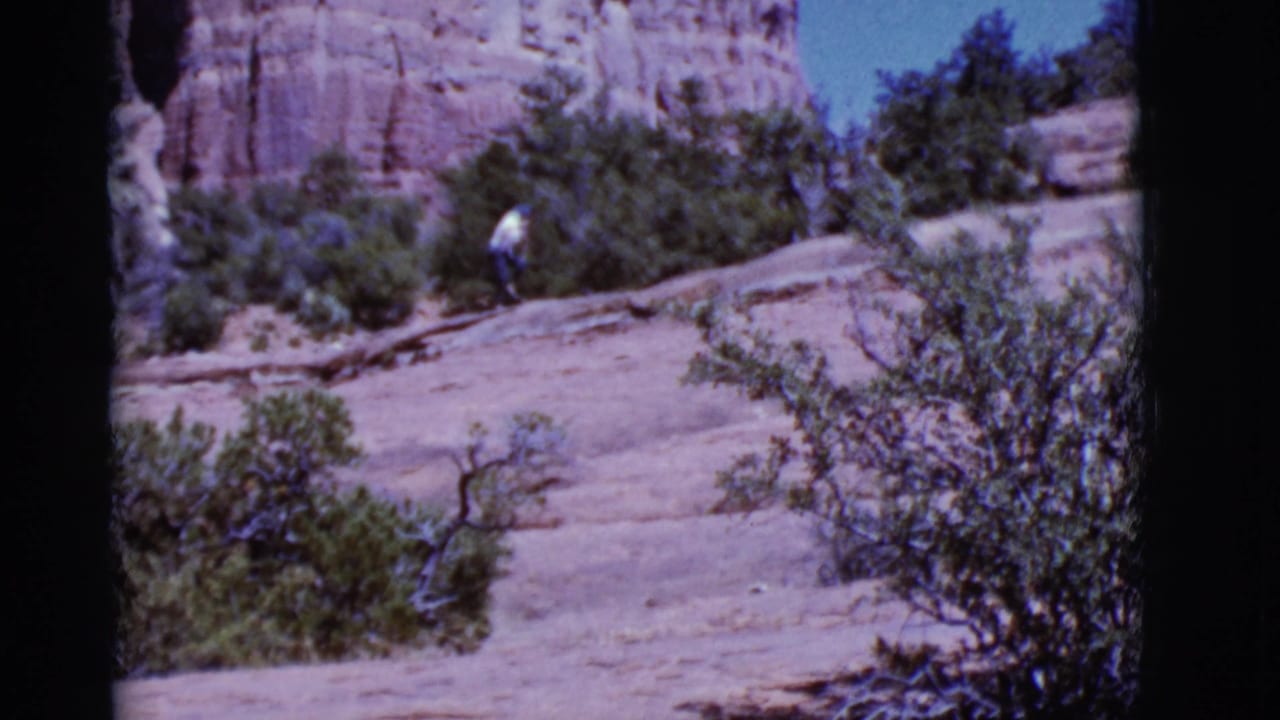 Person partly obscured by shrubs on a rocky slope below red rock cliffs.
