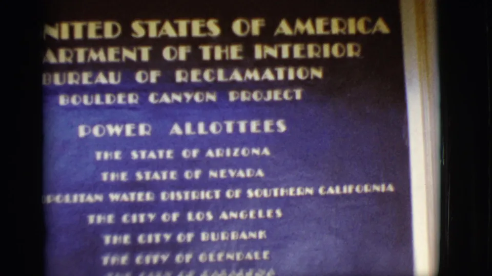 Title card for the U.S. Department of the Interior Bureau of Reclamation Boulder Canyon Project, listing power allottees.