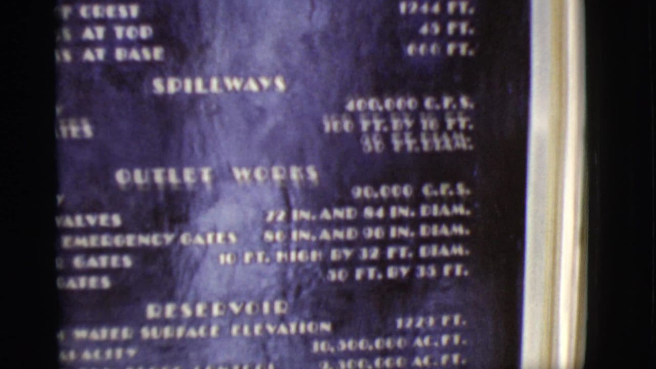Closer section of the blue dam board showing spillways, outlet works, and reservoir text.