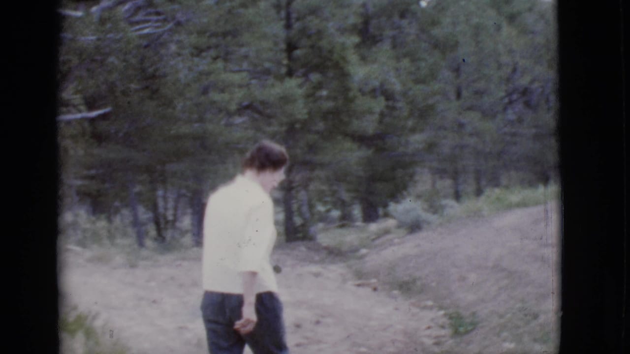 Man in a light shirt walking on a dirt path beside pine trees.