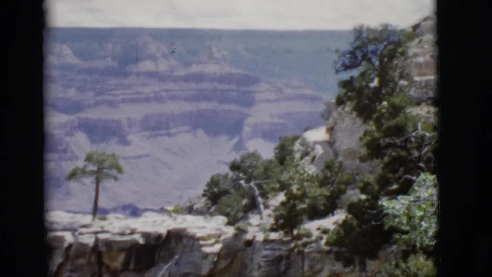 1968 8mm Grand Canyon view in Arizona, with a lone small tree on a rocky ledge, rim shrubs, and hazy layered canyon walls.