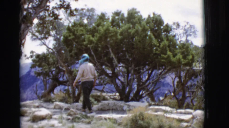 1968 Arizona frame of a woman in a blue scarf moving past green trees on a Grand Canyon overlook path.