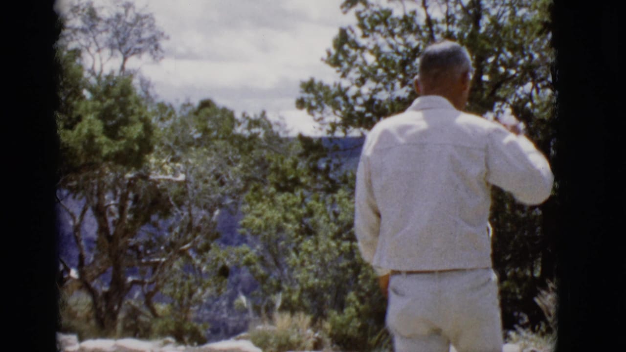 Man in white clothing stands near trees, facing a distant canyon landscape.