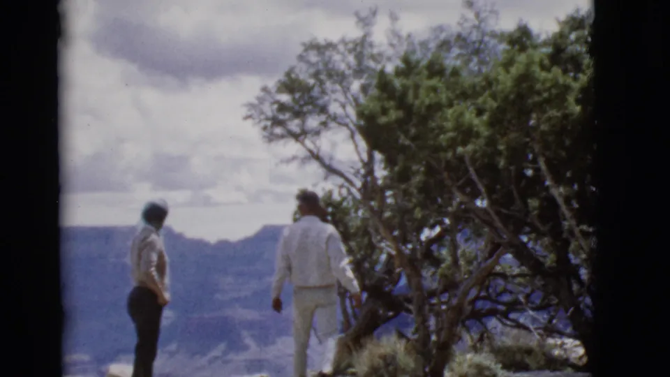 At an Arizona canyon overlook, two older adults face the distant landscape while a juniper-like tree fills the right side.