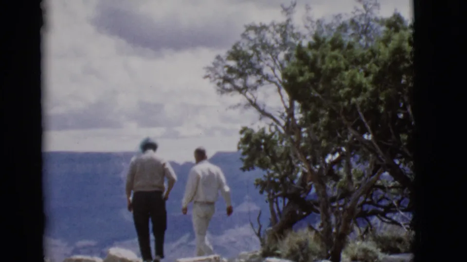 Two older adults walk away from the camera toward an Arizona canyon view, with cloudy sky and a gnarled tree beside them.