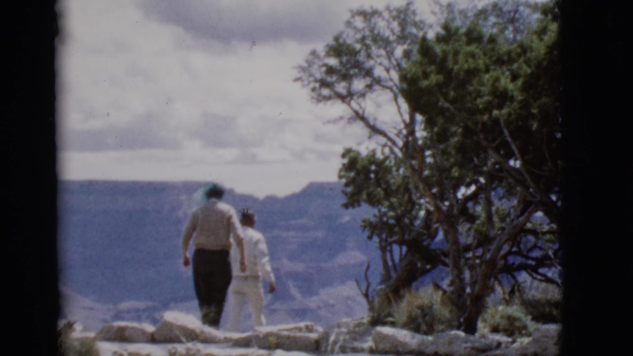 Two adults continue walking near the canyon rim under a cloudy sky.