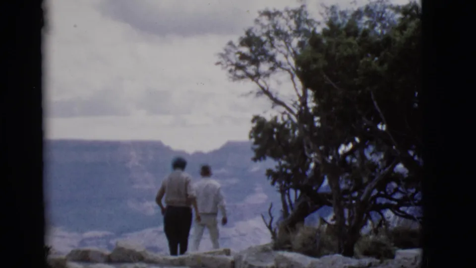 Two adults are seen from behind at an Arizona canyon overlook, framed by rocks, trees, and a broad distant landscape.