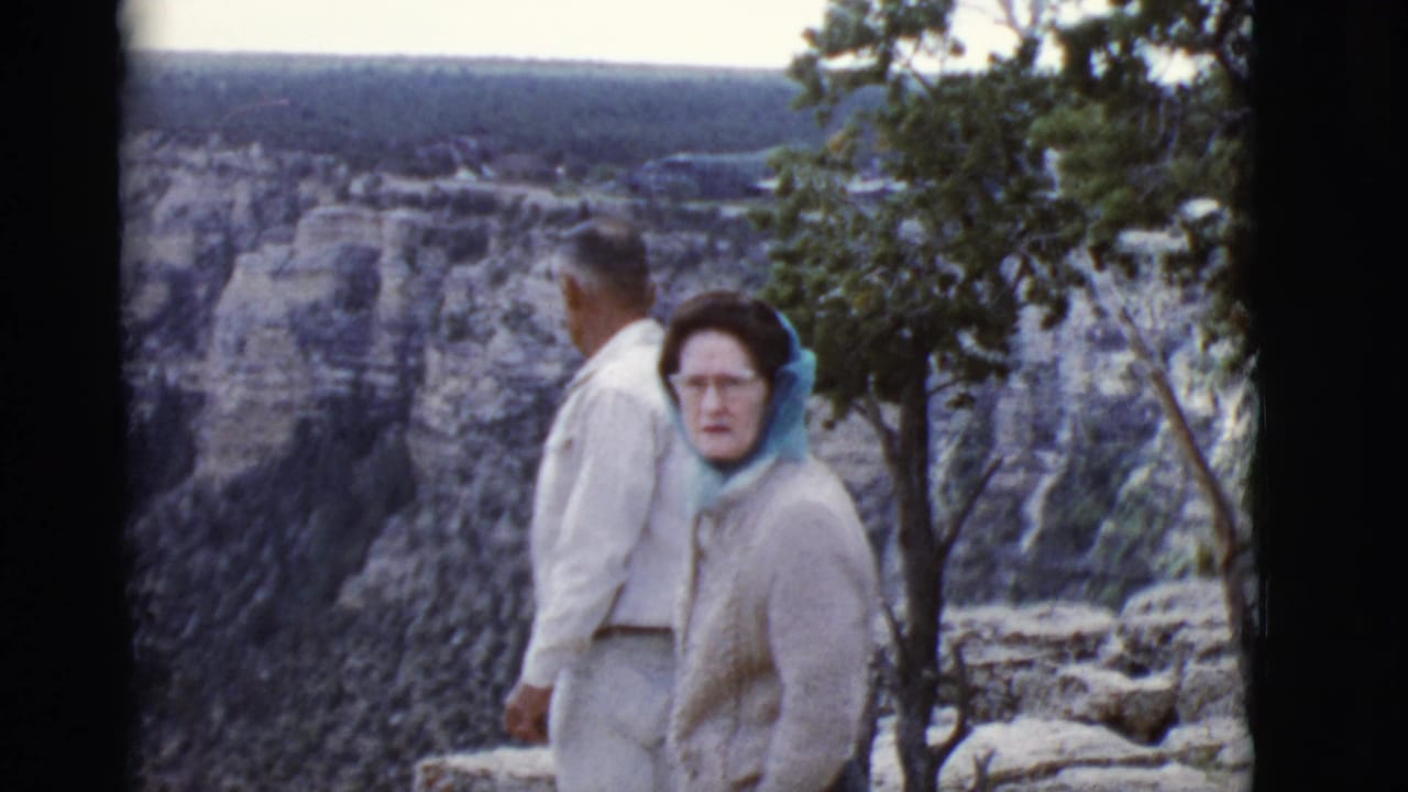 Adult couple standing near a canyon rim with trees and rock formations behind them.