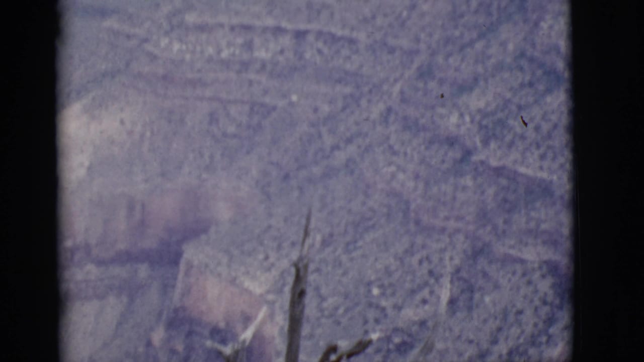 Layered canyon wall with sparse brush and a dark film border.