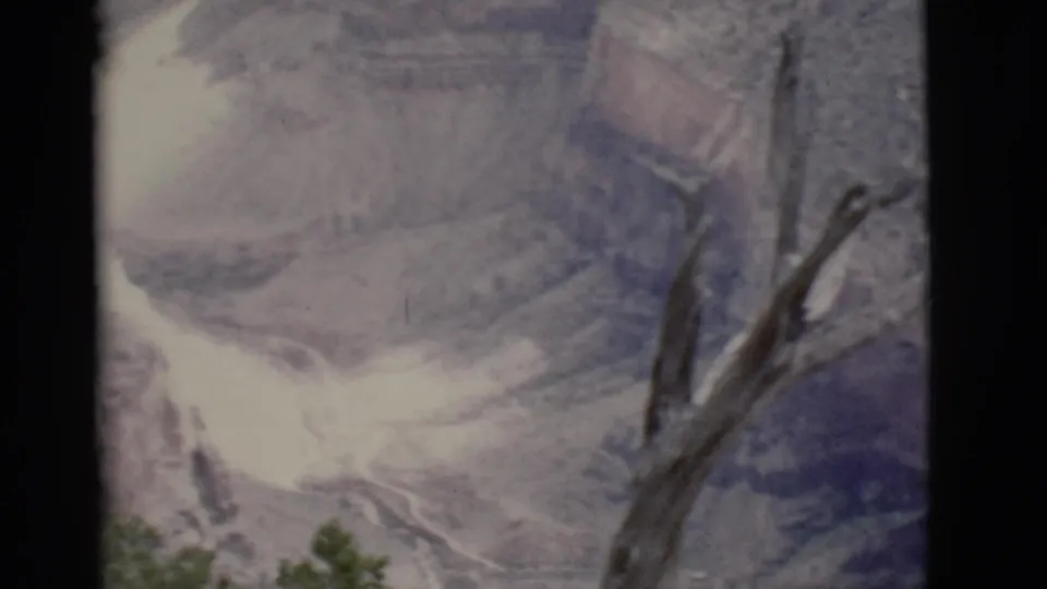 1968 8mm view of an Arizona canyon with a pale wash, bare tree branches, and rugged exposed slopes.