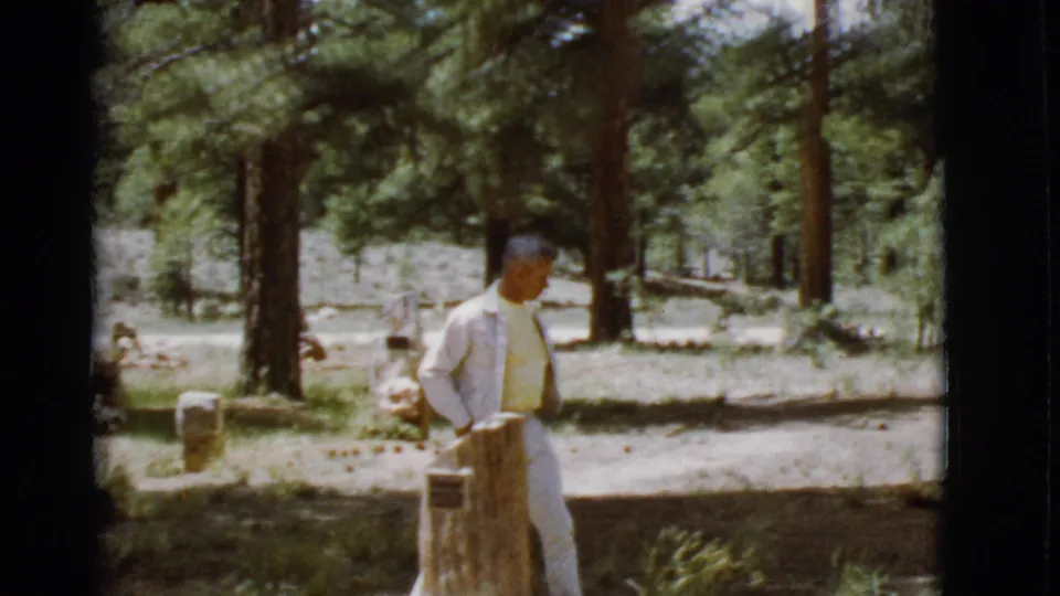 A man in light clothing moves near a wooden or stone cemetery marker, with pine trees and scattered gravestones behind him.