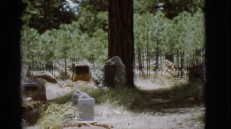A sun-dappled Arizona pine clearing shows several stone markers and monuments as the visitor moves out of view.