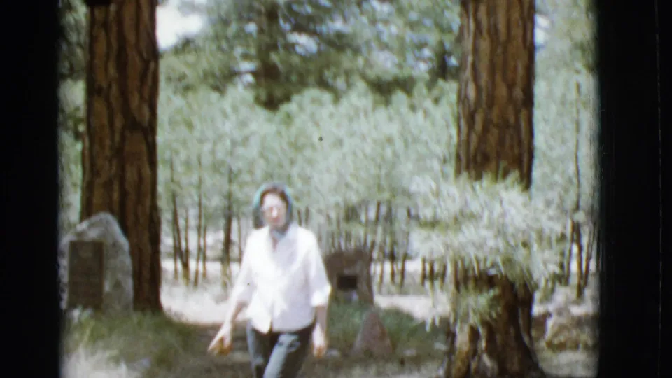 1968 Arizona home-movie frame with the person near camera in a white shirt, surrounded by pine trunks, brush, and small marker-like objects.